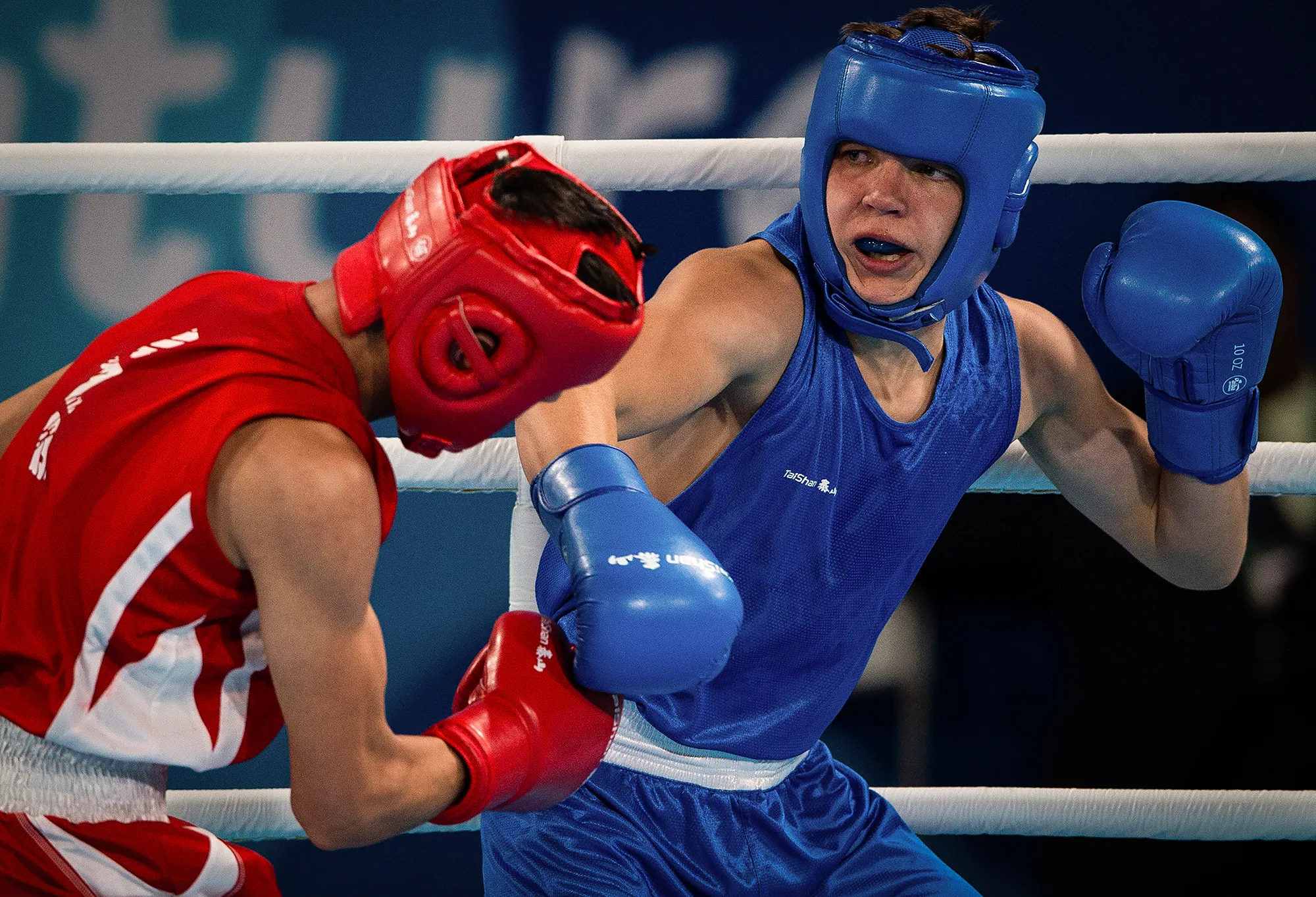 Maksym Halinichev and Abdumalik Khalokov boxing